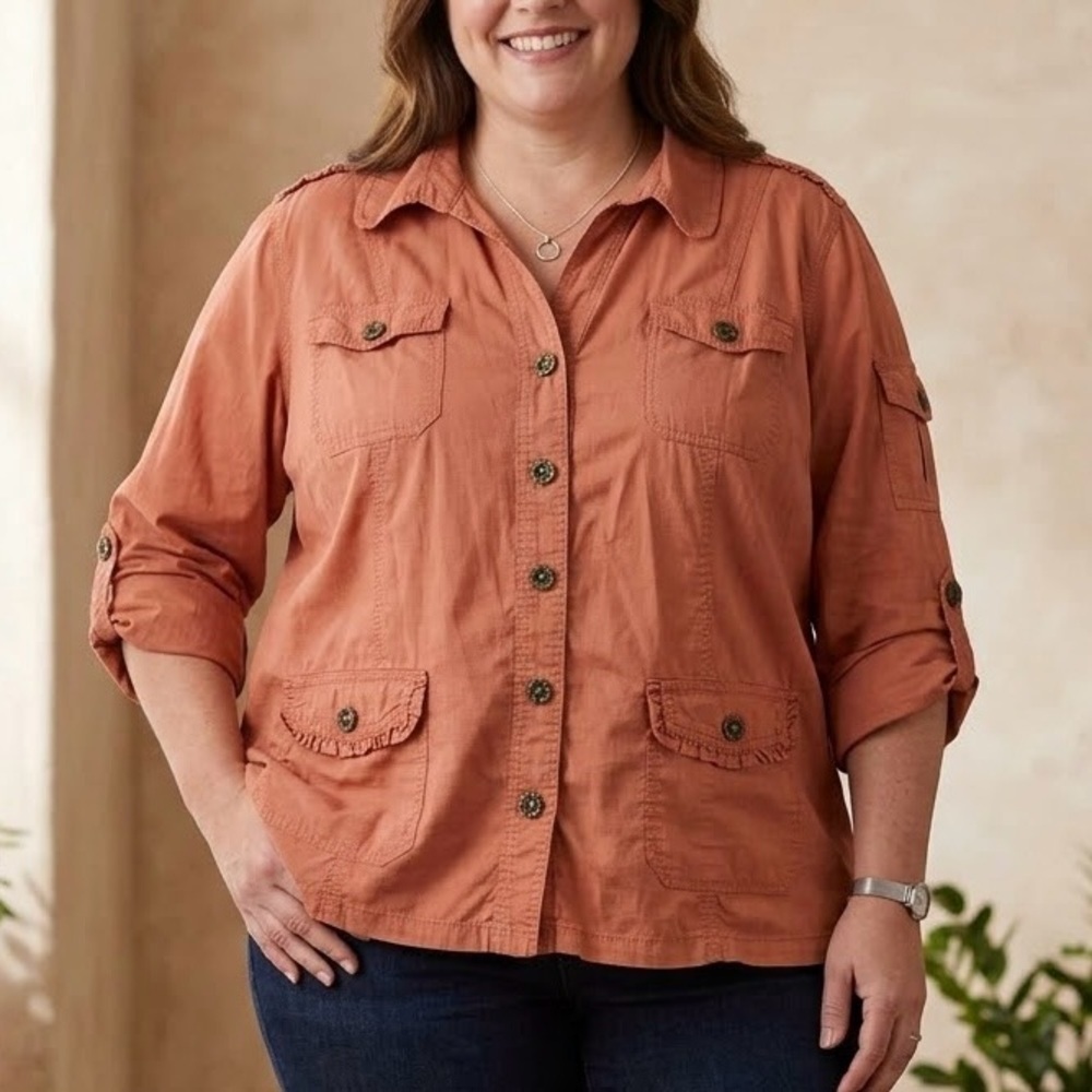 Dressbarn Rust Utility Safari Shacket Top Shirt Terracotta Burnt Orange Boho